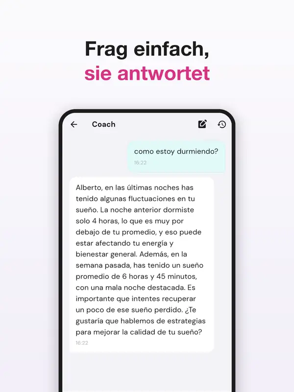 Ansicht des KI-Coachs von DuckDik Health, der eine Frage zum Schlaf beantwortet