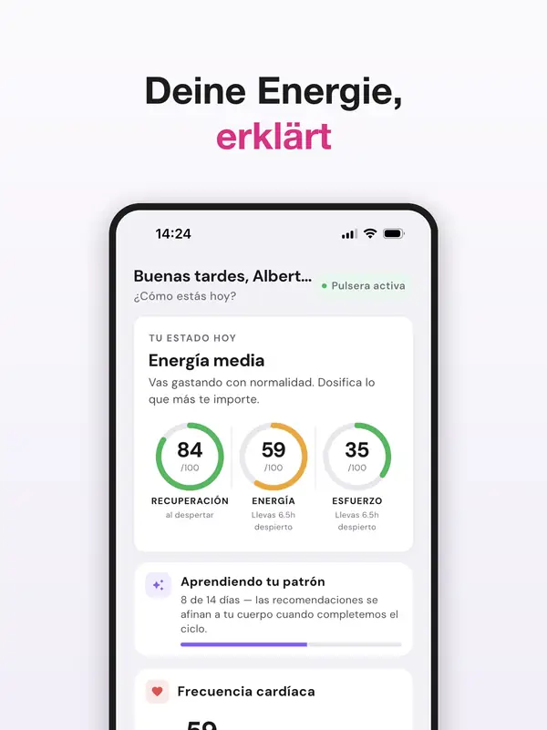 Startbildschirm der DuckDik-Health-App mit den Anzeigen für Erholung, Energie und Belastung