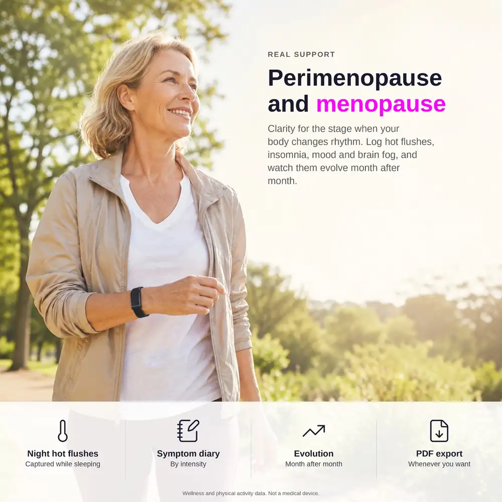 DuckDik visual showing perimenopause and menopause tracking: nighttime hot flashes, symptom diary, trends and PDF export