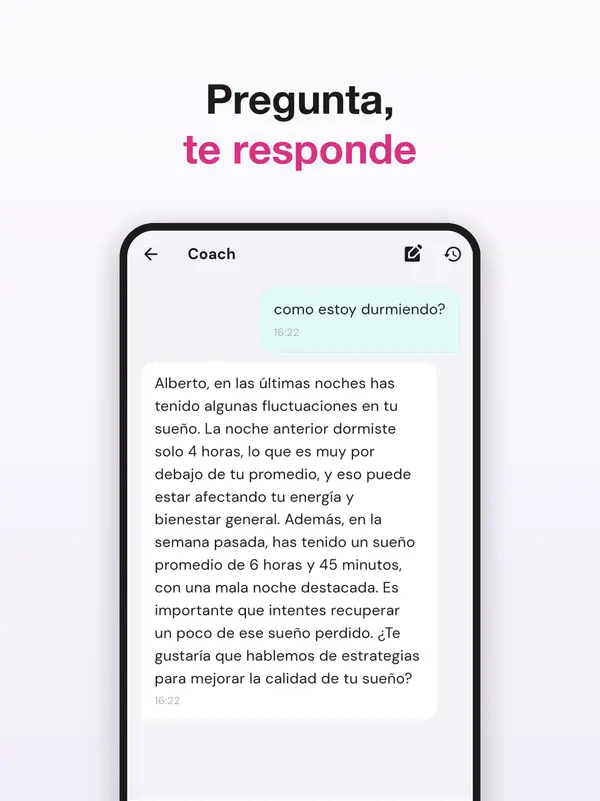 Pantalla del entrenador de IA de DuckDik Health respondiendo a una pregunta sobre el sueño