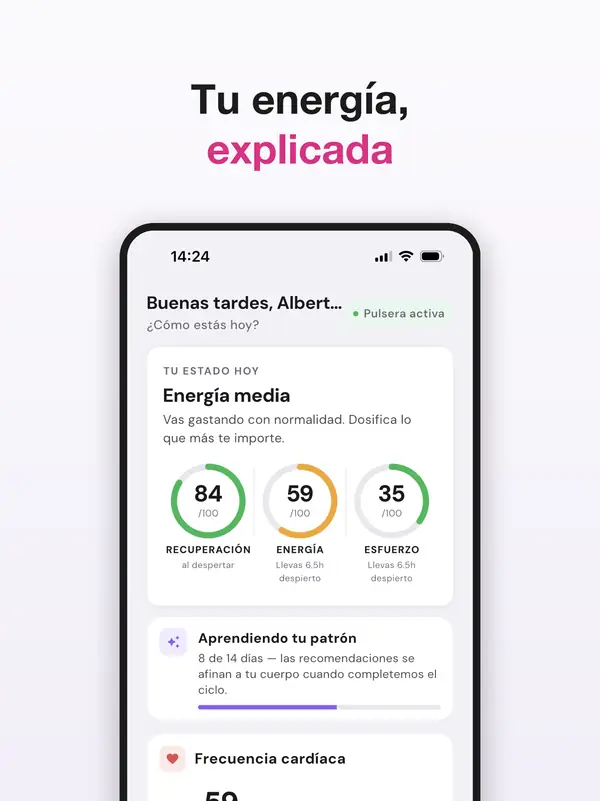 Pantalla de inicio de la aplicación DuckDik Health con los indicadores de recuperación, energía y esfuerzo