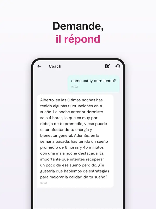 Écran du coach IA de DuckDik Health répondant à une question sur le sommeil