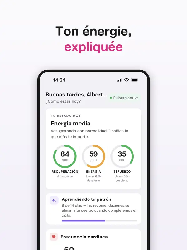 Écran d’accueil de l’application DuckDik Health avec les jauges de récupération, d’énergie et d’effort