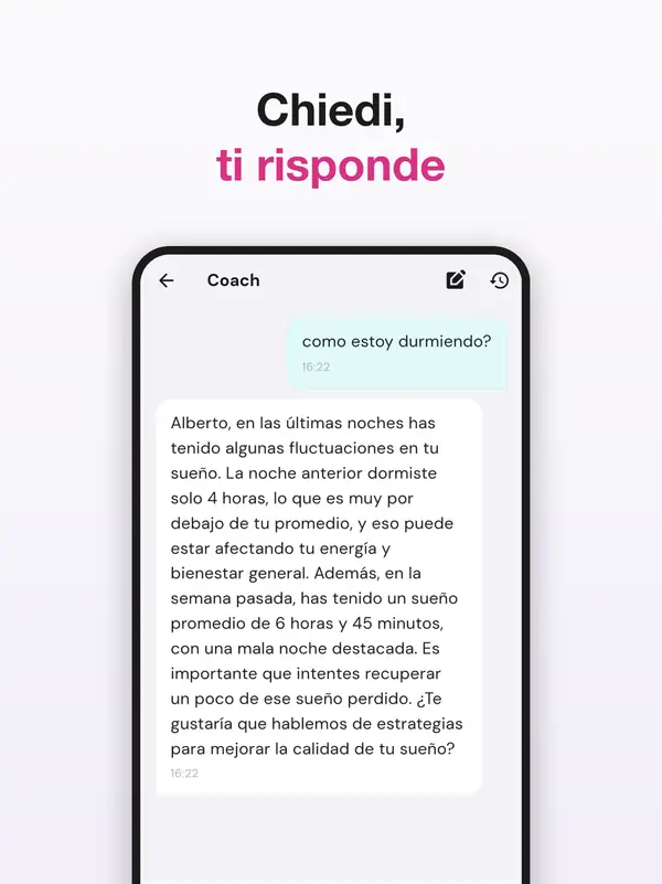 Schermata del coach IA di DuckDik Health che risponde a una domanda sul sonno
