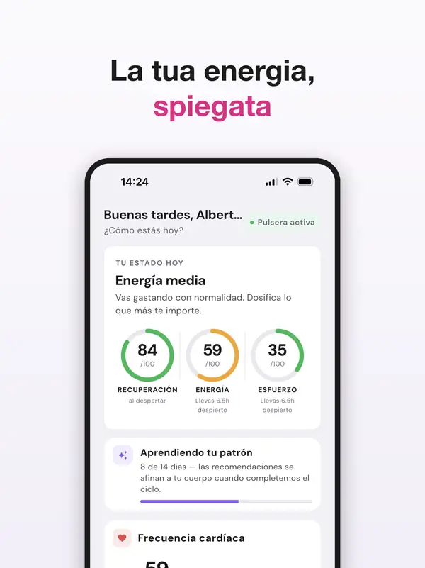 Schermata iniziale dell'app DuckDik Health con gli indicatori di recupero, energia e sforzo