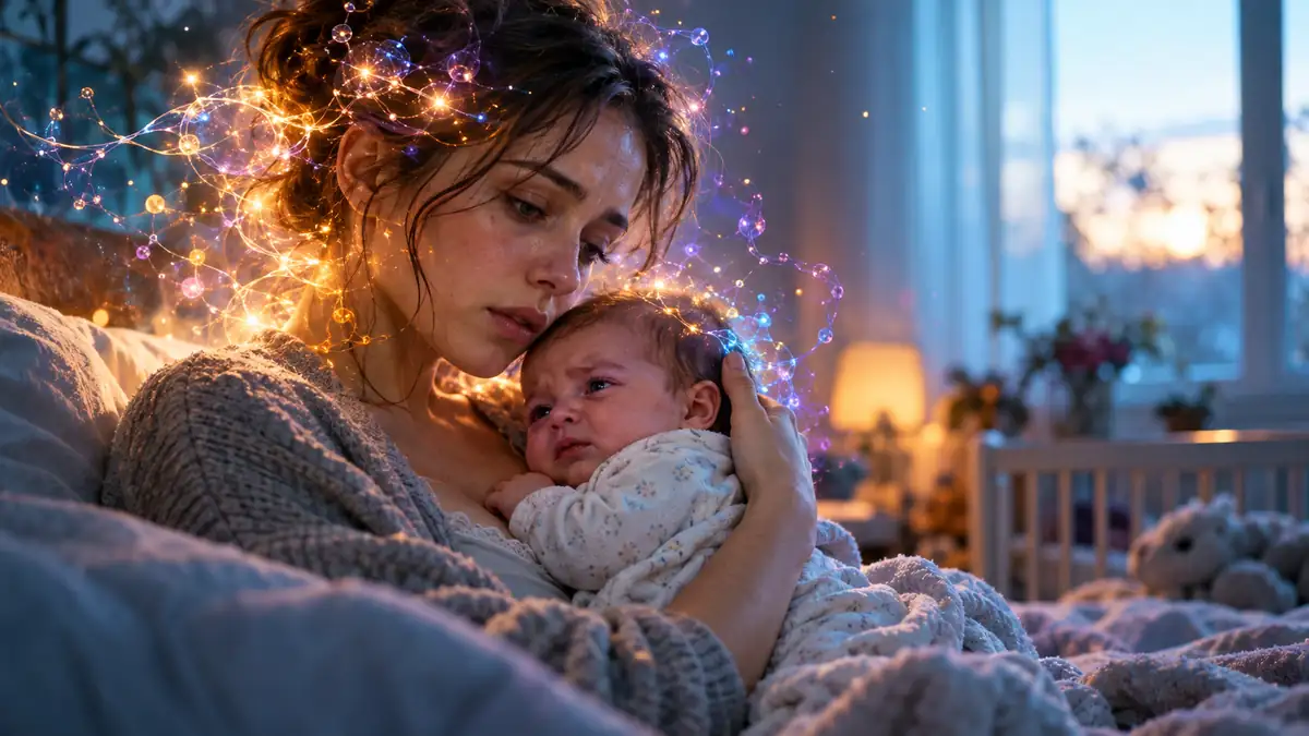 A mother looks at her infant’s face.