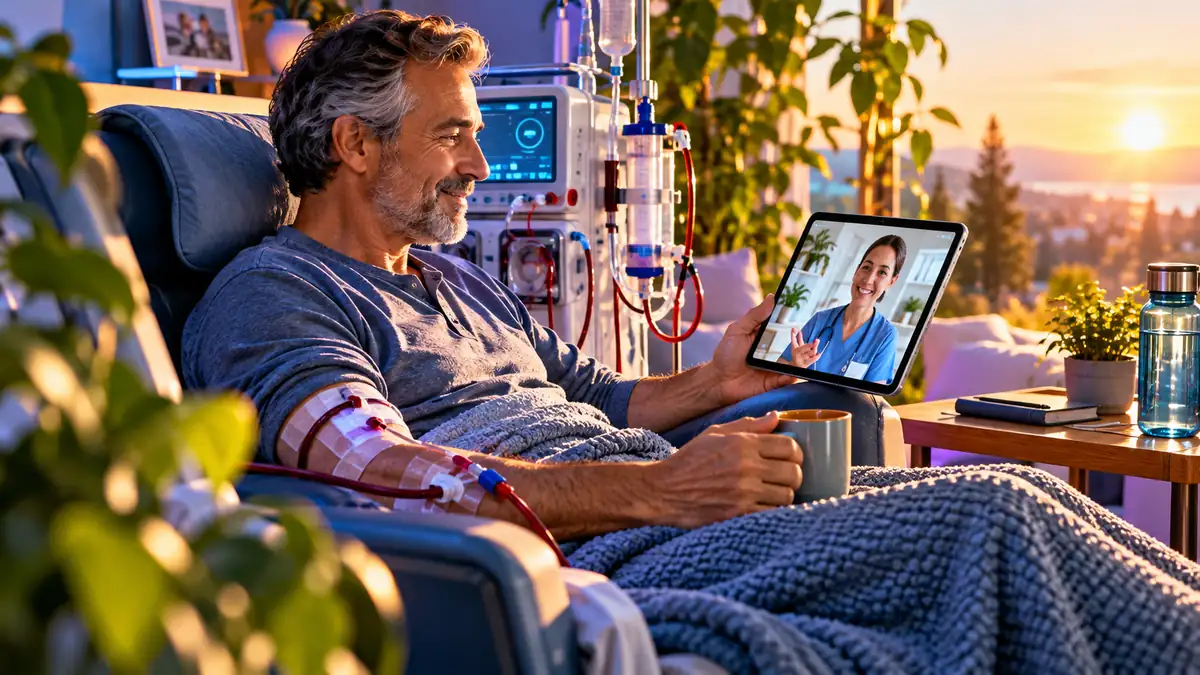 Illustration einer digitalen Begleitung per Smartphone für eine Person unter Hämodialyse.