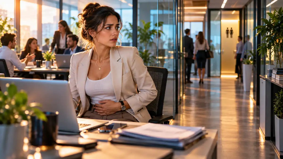 Corridoio di un luogo di lavoro con segnaletica che indica i servizi igienici.