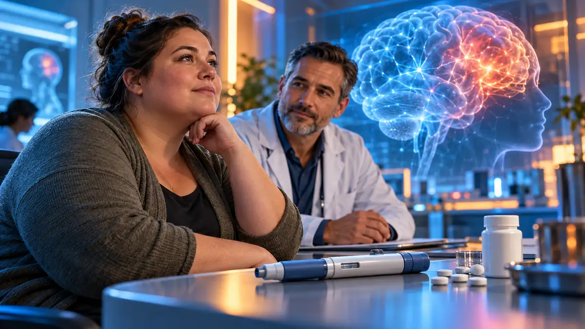 Illustration d’une balance et de médicaments évoquant le surpoids associé aux traitements antipsychotiques.