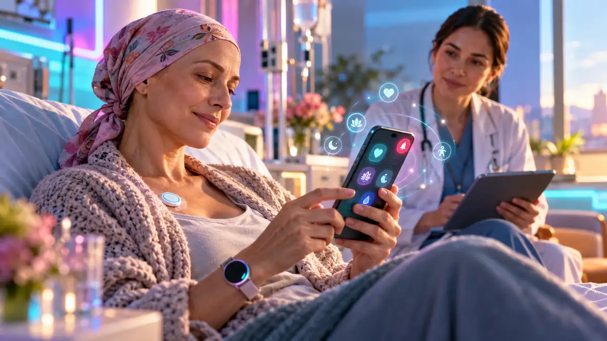 Illustration du suivi des symptômes par application et de la transmission d’alertes à une équipe d’oncologie.