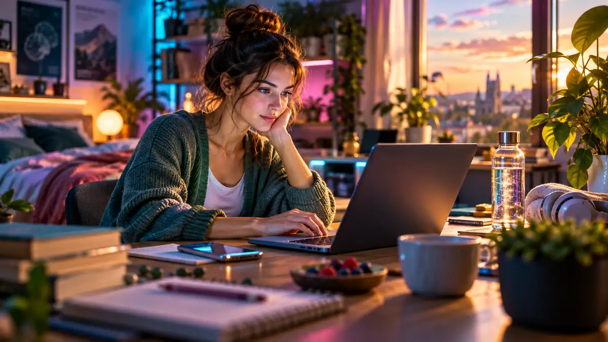 Étudiant devant un ordinateur portable, avec un téléphone posé sur le bureau.