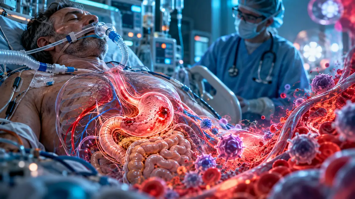 Ilustración del estómago y del tubo digestivo en el contexto de la atención hospitalaria de la sepsis.