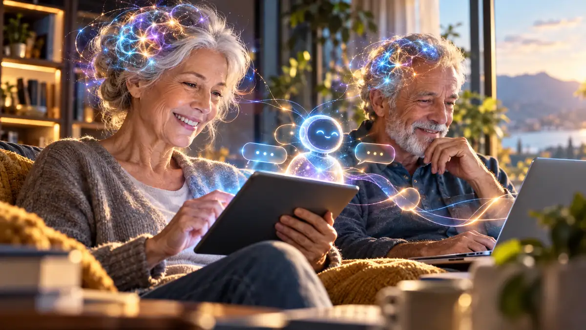 Una persona mayor utiliza un chatbot en una tableta para realizar un ejercicio cognitivo.