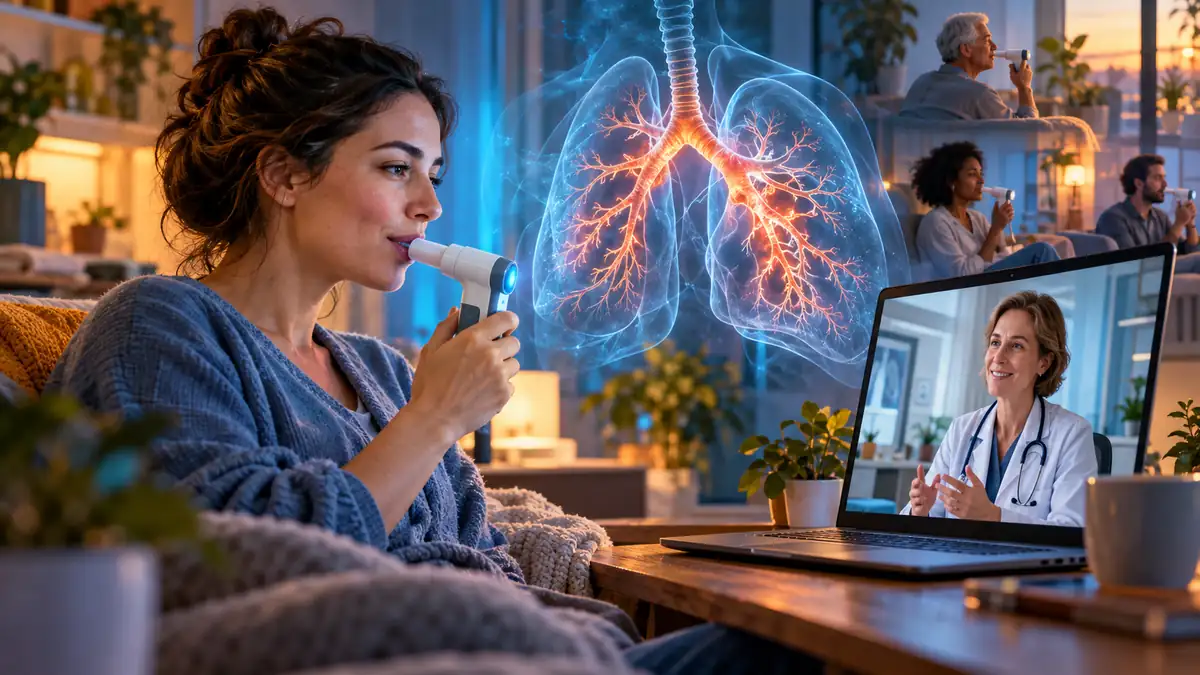 Illustration d’une consultation à distance consacrée aux soins respiratoires d’un adulte atteint de bronchectasies.
