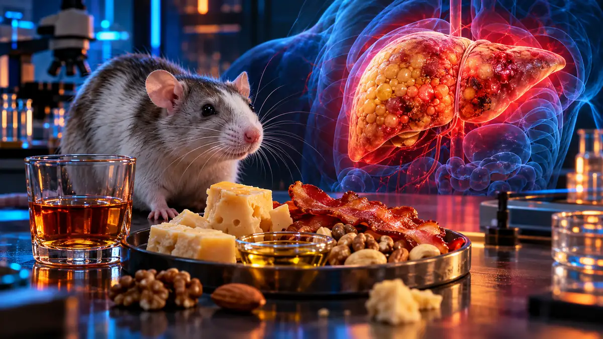 Illustration einer Leber und einer Labormaus als Darstellung präklinischer Forschung zu Ernährung und Alkohol.