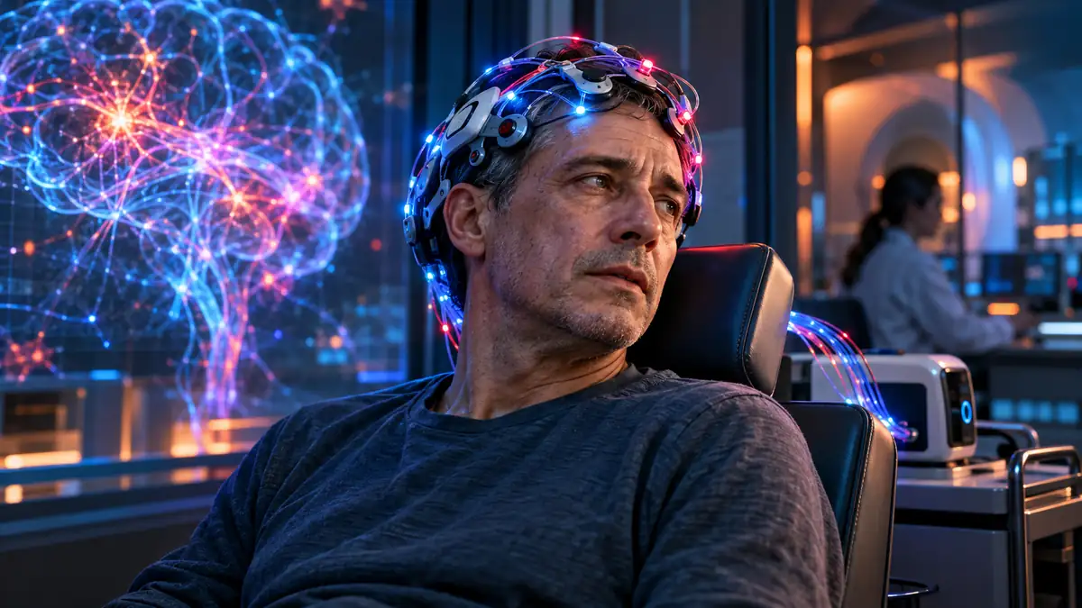 Illustration du cerveau évoquant la recherche sur la neuromodulation non invasive après un AVC.