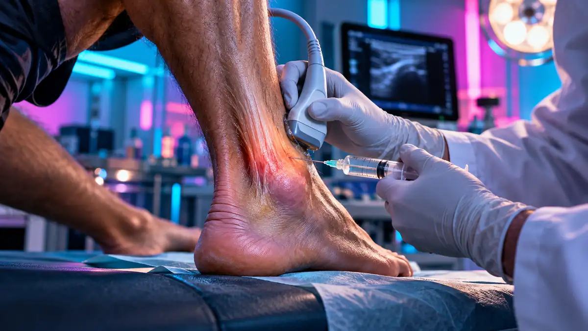 Anatomical illustration of the midportion of the Achilles tendon, between the calf and the heel.
