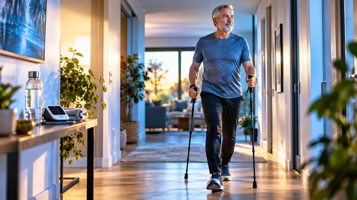 Illustration of home exercise with remote support for a person with chronic kidney disease.