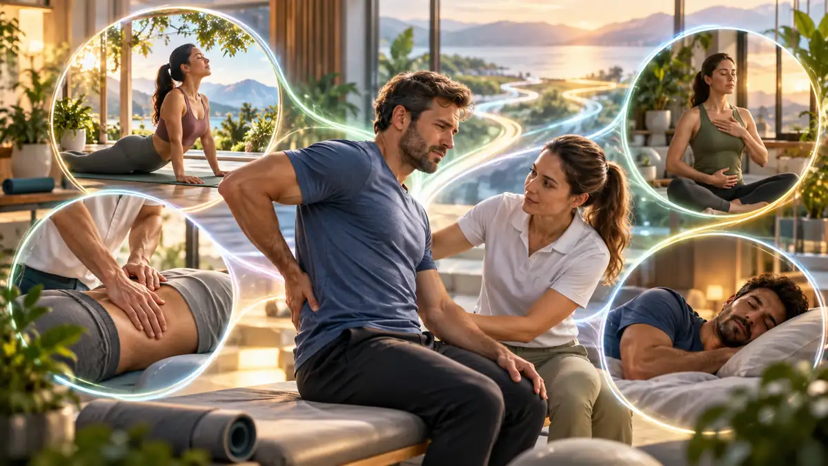 Illustration of a consultation for low back pain and various non-drug approaches.