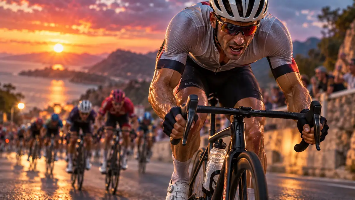Cycliste réalisant un effort intense sur un vélo stationnaire en laboratoire.