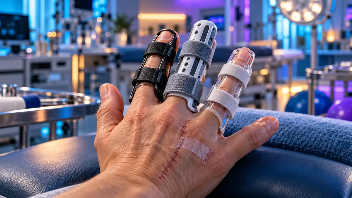 Illustration von drei Schienenformen für die Rehabilitation nach operativer Versorgung der Fingerbeugesehnen.