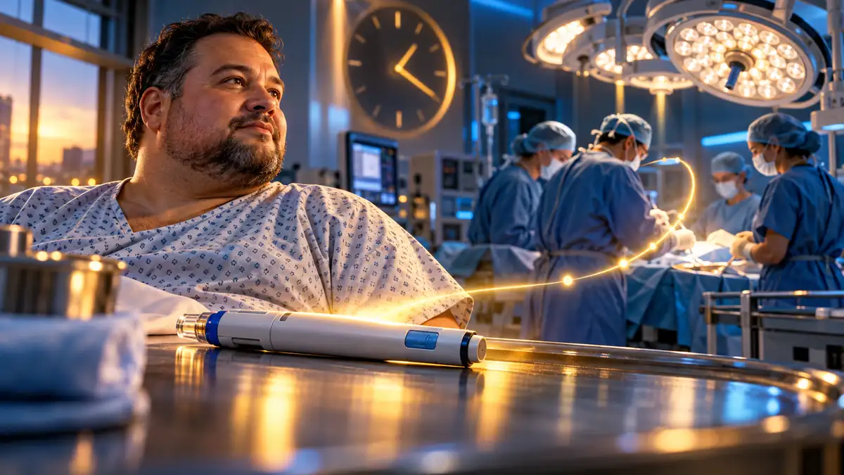 Illustration des trois moments étudiés pour un traitement par GLP-1 autour d’une chirurgie bariatrique.