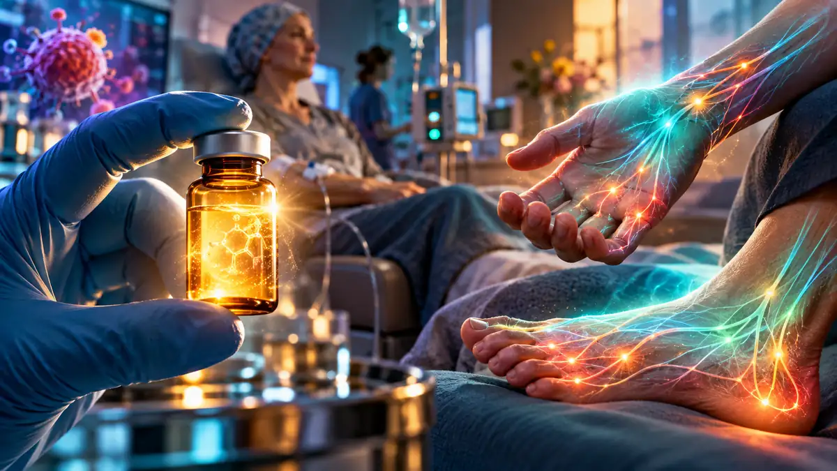 Illustration der peripheren Nerven in Händen und Füßen, die von einer durch Oxaliplatin bedingten Neuropathie betroffen sind.