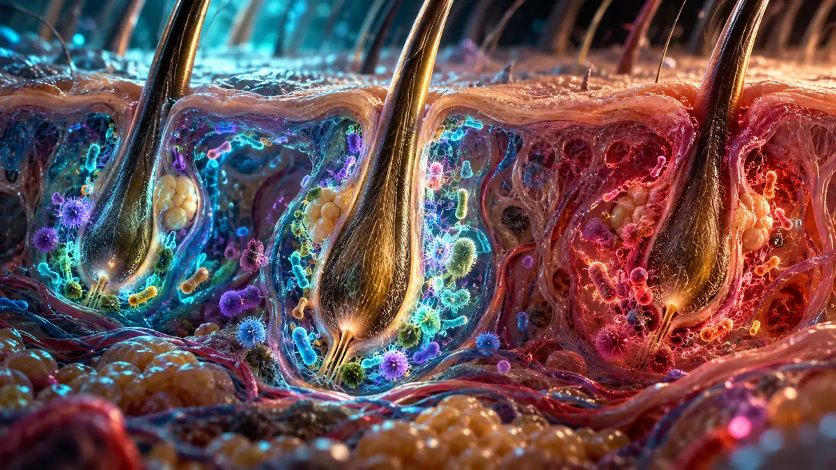 Illustration eines Haarfollikels und der Bakteriengemeinschaften in seiner Mikroumgebung innerhalb der Haut.