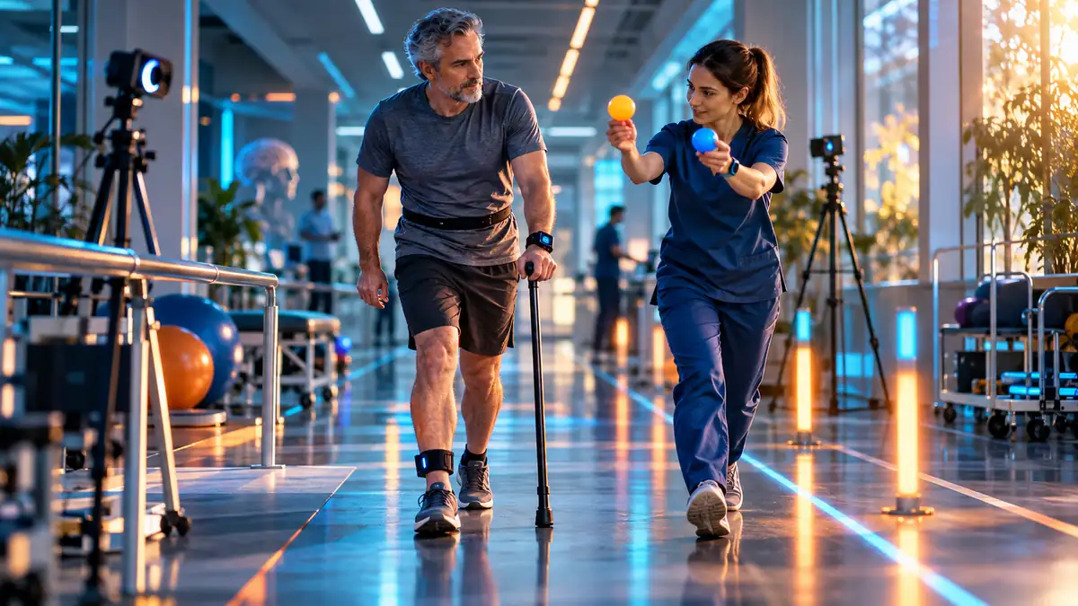 Illustration de la marche associée à une tâche cognitive dans un contexte de rééducation après un AVC.