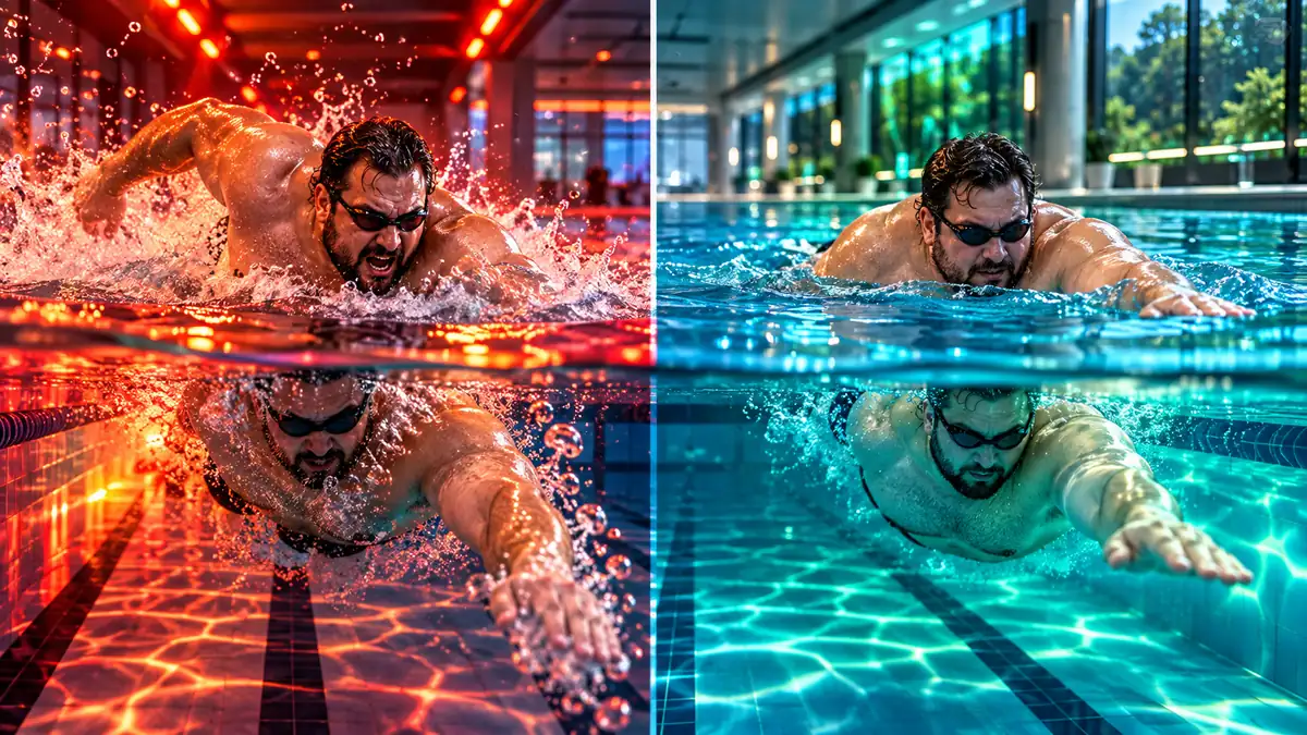Illustration de nageurs en nage libre dans les couloirs d’une piscine.
