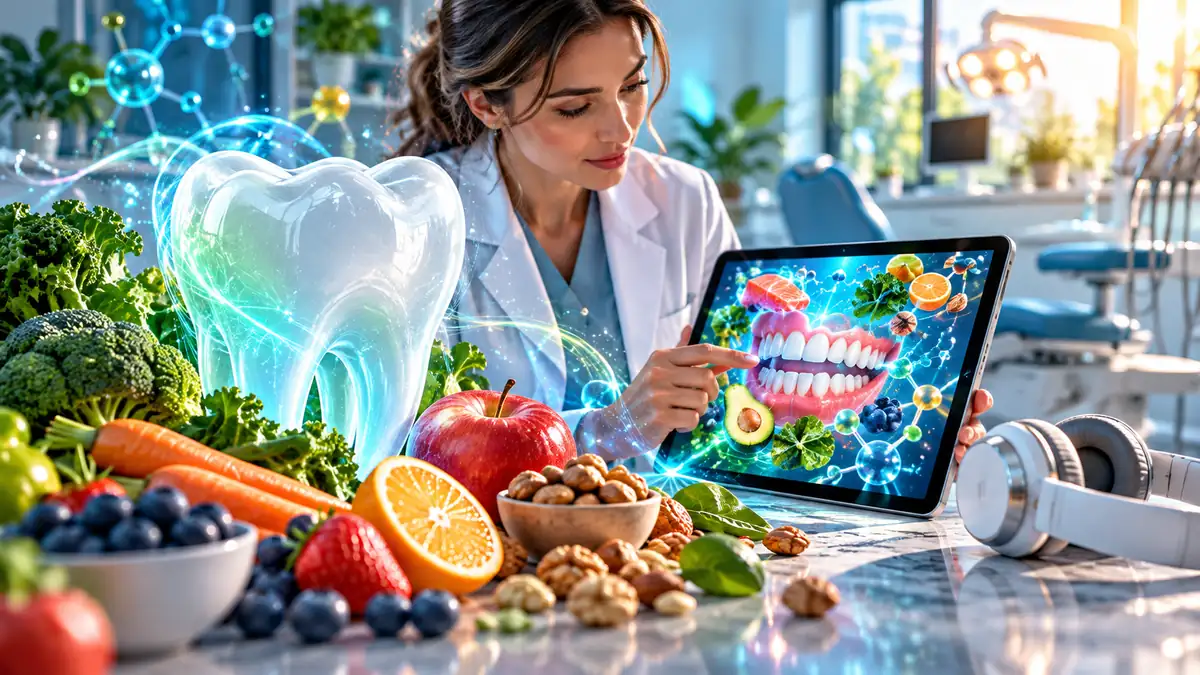 Zahnarzt sieht sich Fortbildungsmaterial zu Ernährung und Mundgesundheit an.