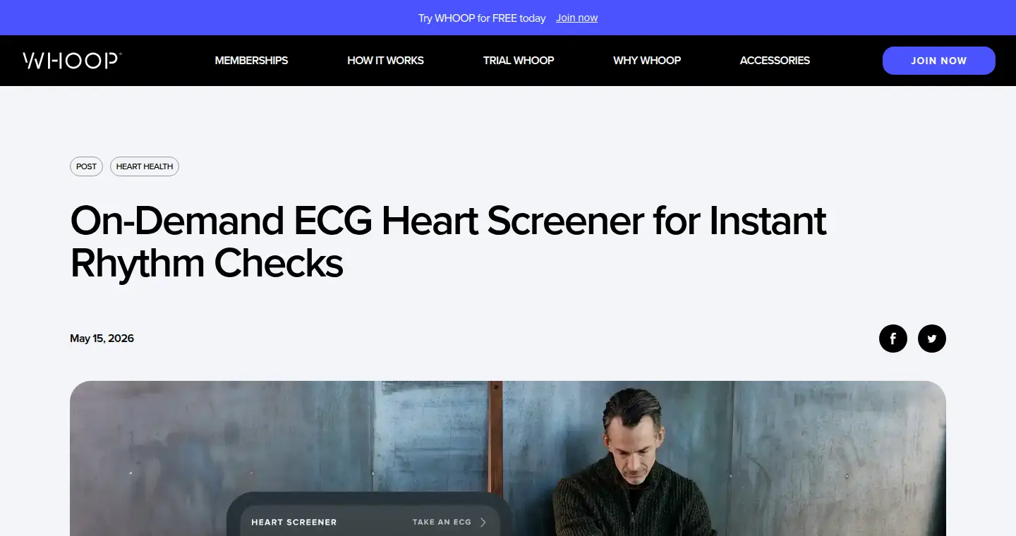 Capture datée de la page officielle WHOOP consacrée au Heart Screener avec ECG à la demande
